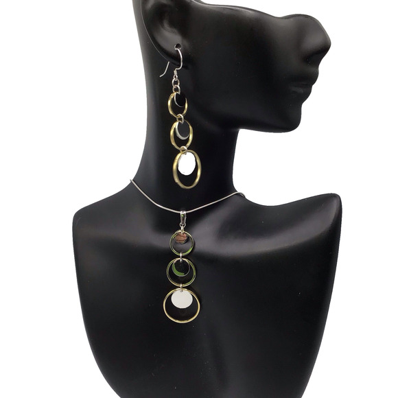 925 Sterling Silver Necklace & Earrings Set Two Tone Circle Pendant Dangle Set - Picture 7 of 13